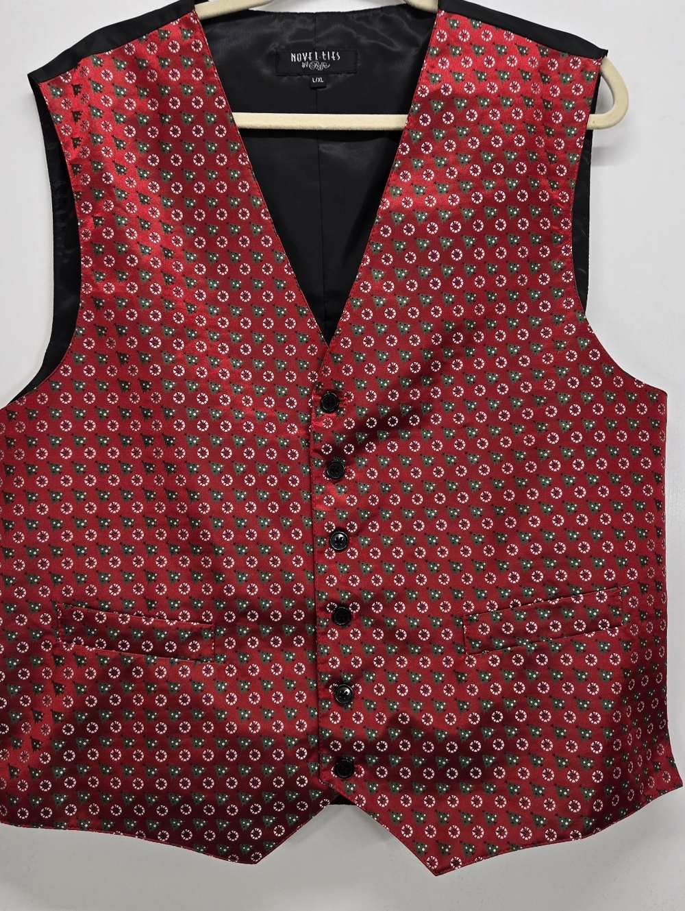 Novelt-ties Mens XL Christmas Tree Vest Red Holiday Tuxedo Waistcoat Festive Vtg